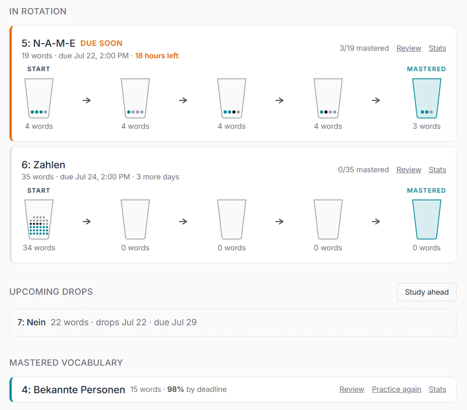 A student's class dashboard: units in rotation with their words spread across the five Leitner buckets (Start → Mastered), an upcoming unit drop, and a fully-mastered unit.
