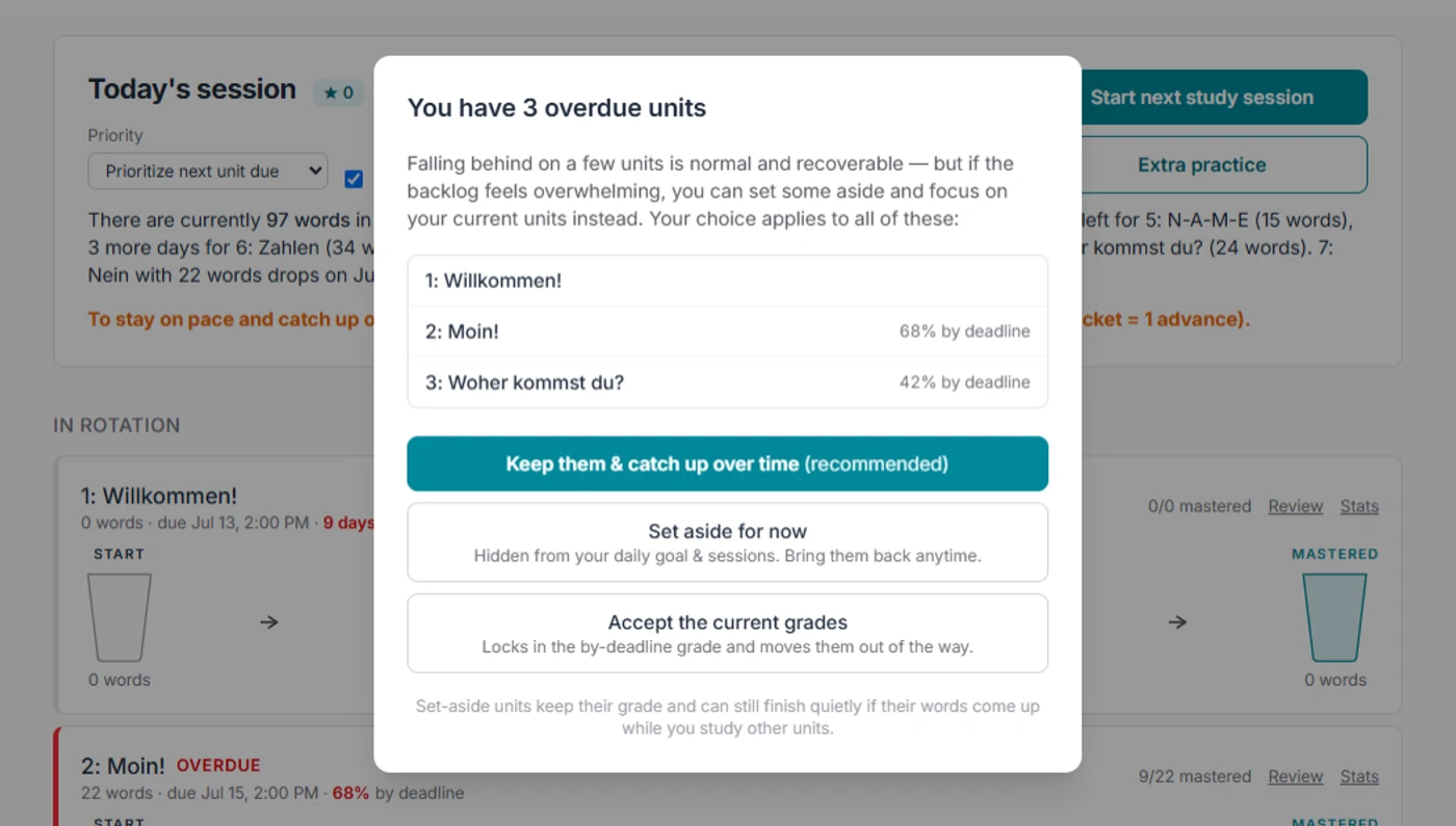 The overdue-units prompt: a student with 3 overdue units is offered options to keep them and catch up over time, set them aside, or accept the current grades.