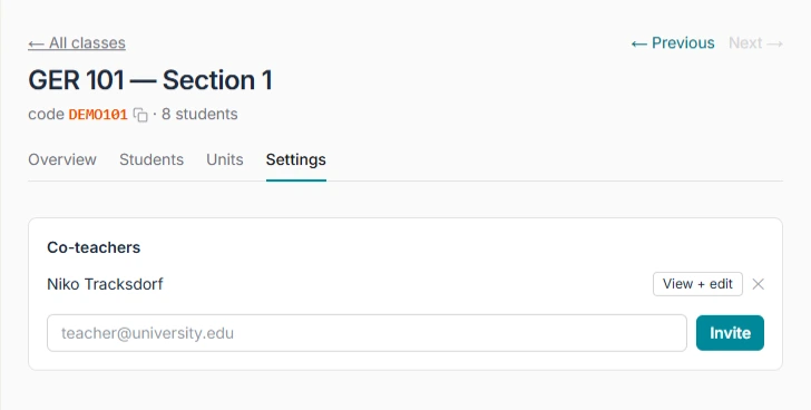 The class Settings tab showing the Co-teachers panel: a co-teacher listed with a 'View + edit' toggle, and a field to invite another instructor.