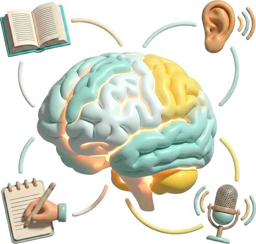A brain at the center with an open book, an ear, a hand writing on a notepad, and a microphone — reading, listening, writing, and speaking all flowing in to build lasting memory.
