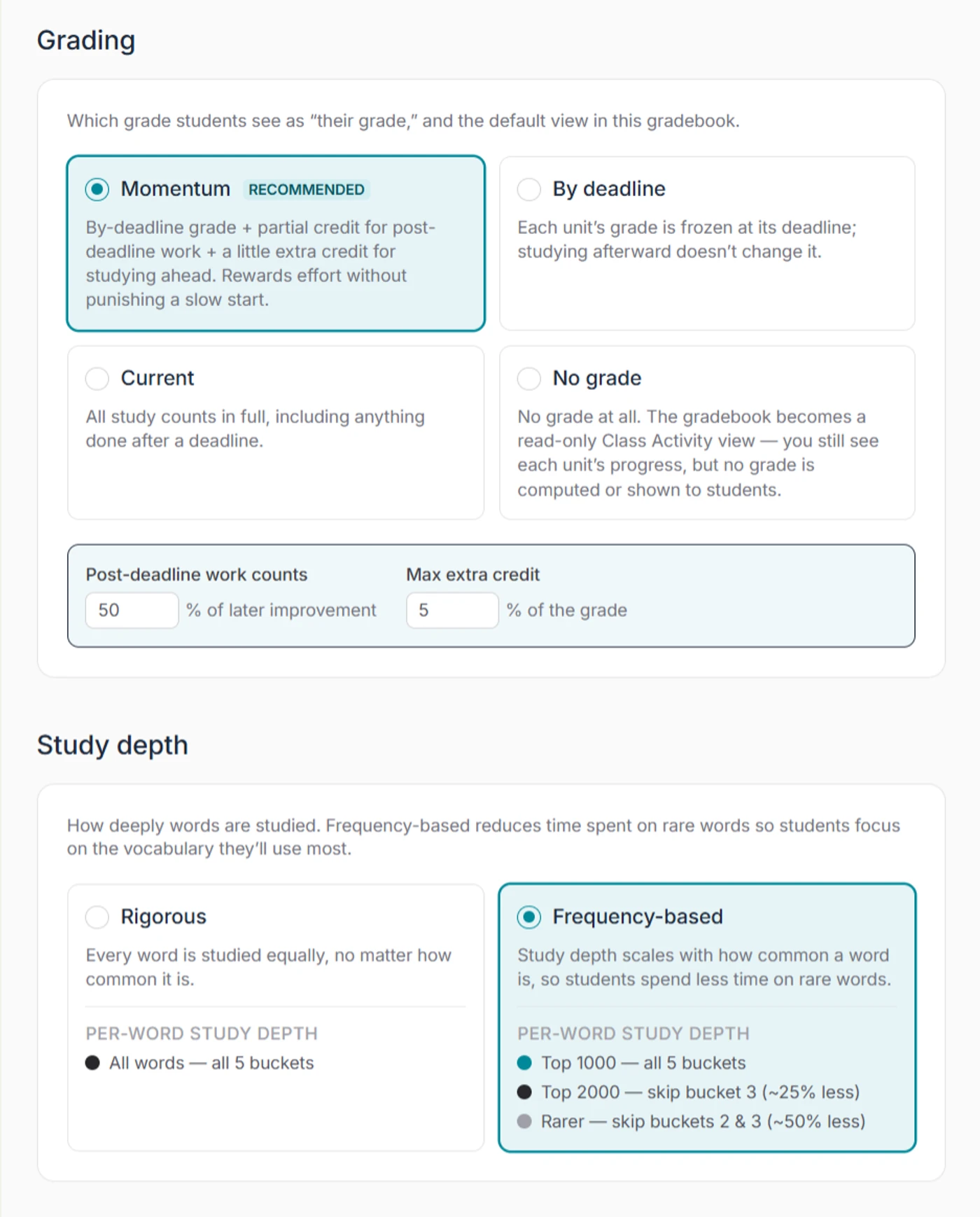 The teacher's class settings: four grading modes (Momentum, By deadline, Current, No grade) and the study-depth choice between Rigorous and Frequency-based.