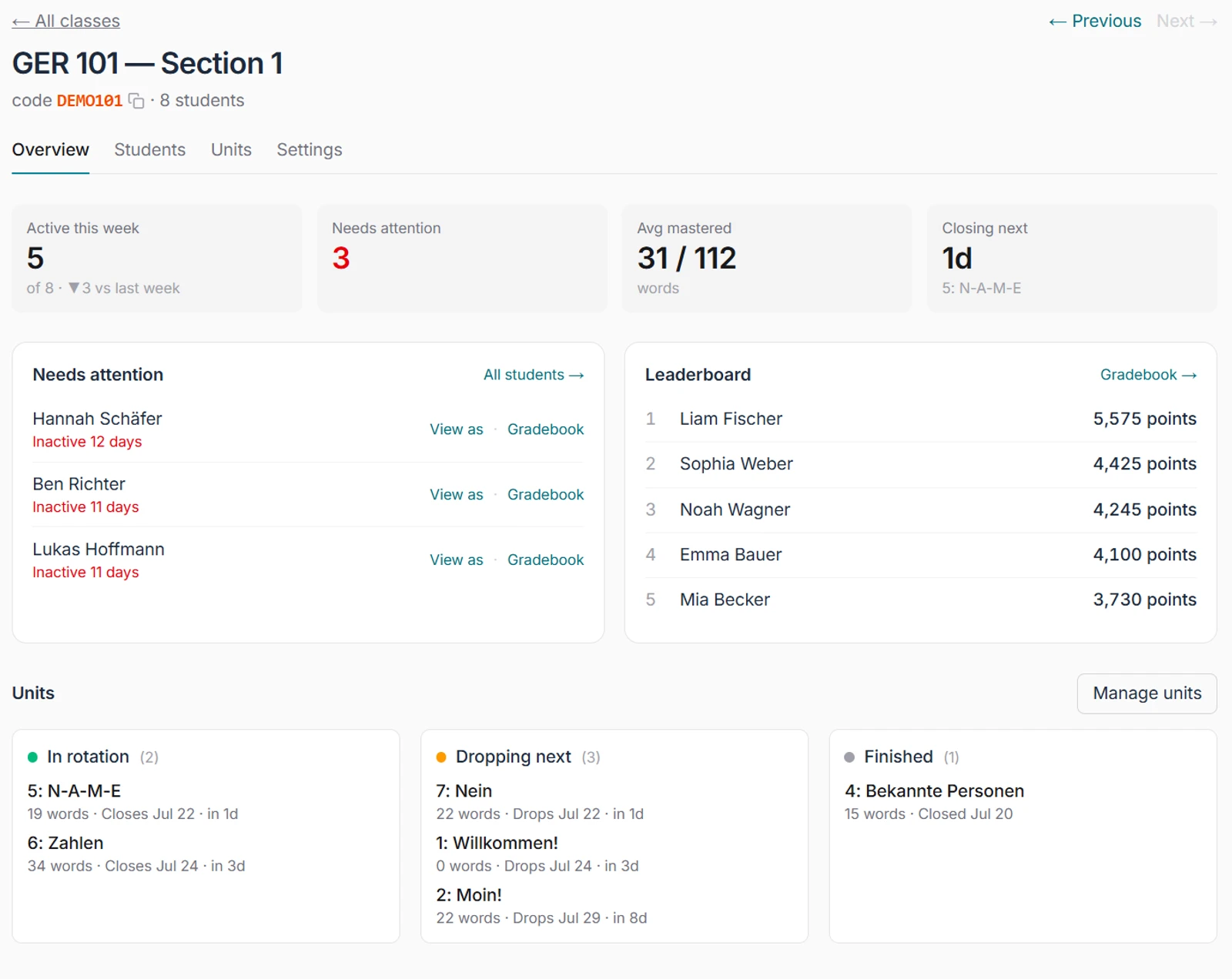 The teacher class overview: active-this-week and needs-attention stats, a list of inactive students, and the class leaderboard.