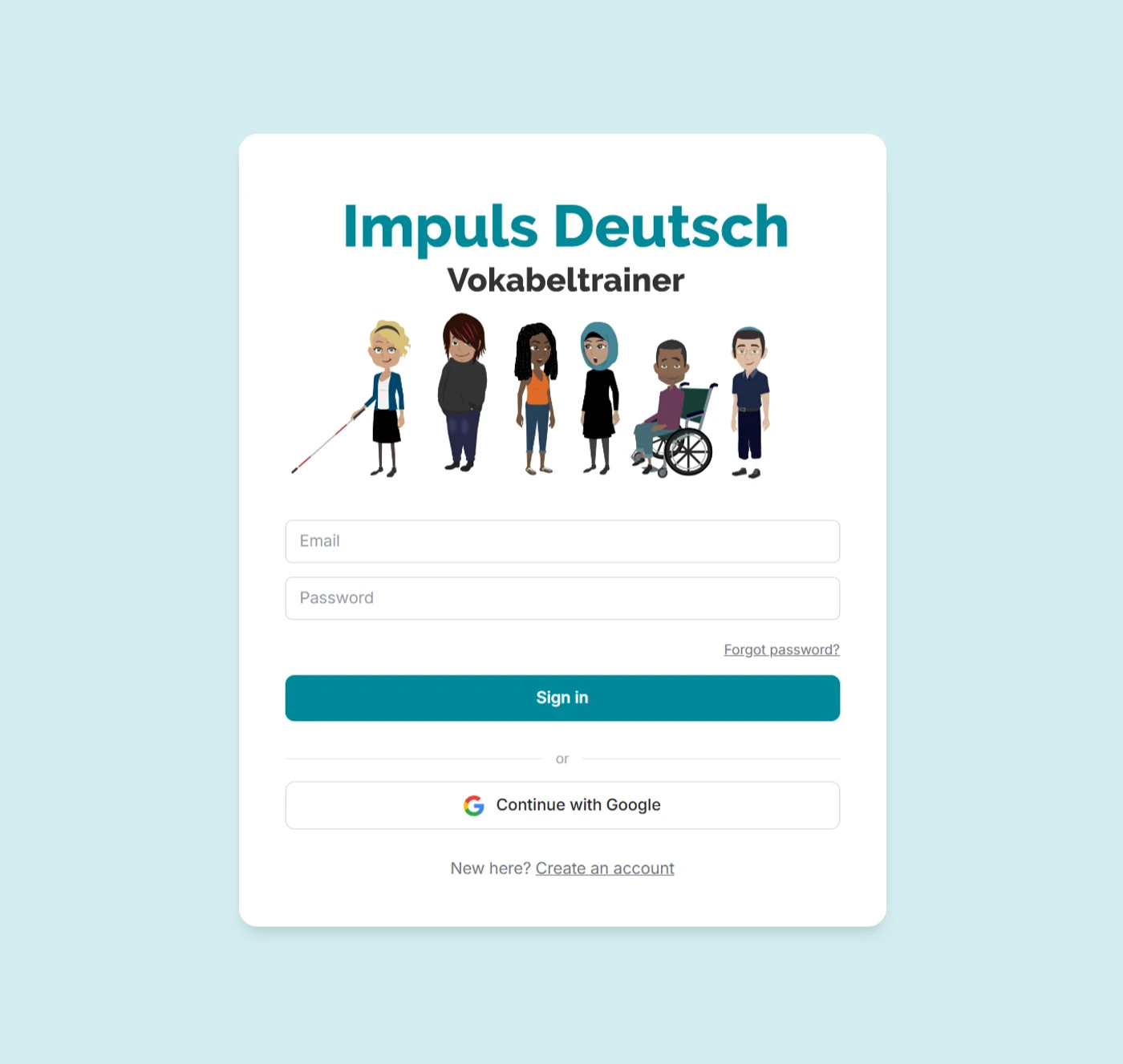 The Vokabeltrainer sign-in page, featuring the lineup of familiar Impuls Deutsch characters from the Interactive Grammar Videos.
