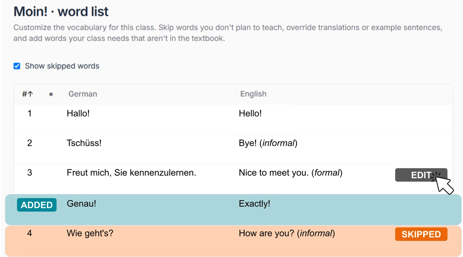 A unit's word list in the teacher tools, showing options to skip words, edit their translations, and an added custom word.